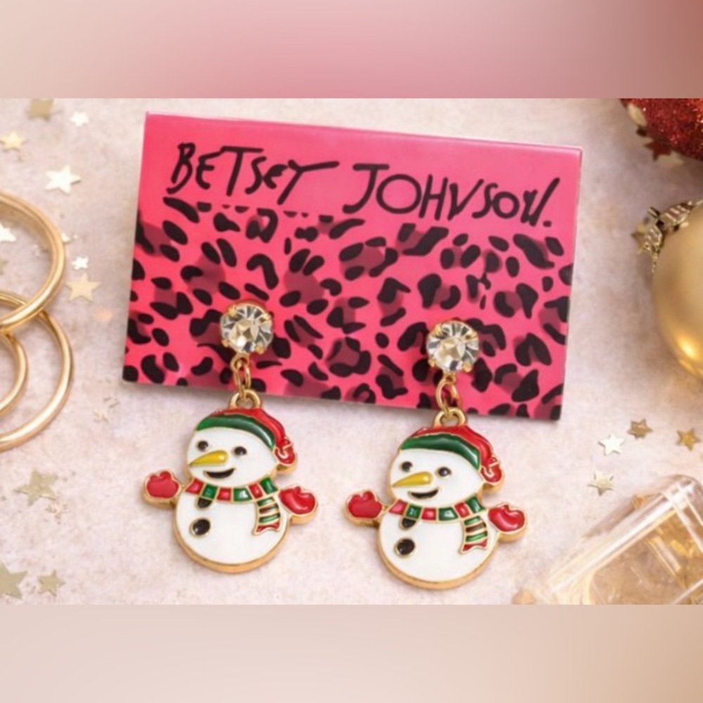 Betsey Johnson Snowman Drop Earrings NEW Crystal Holiday Christmas Dangle Frosty